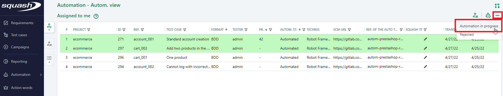 test case automation in progress